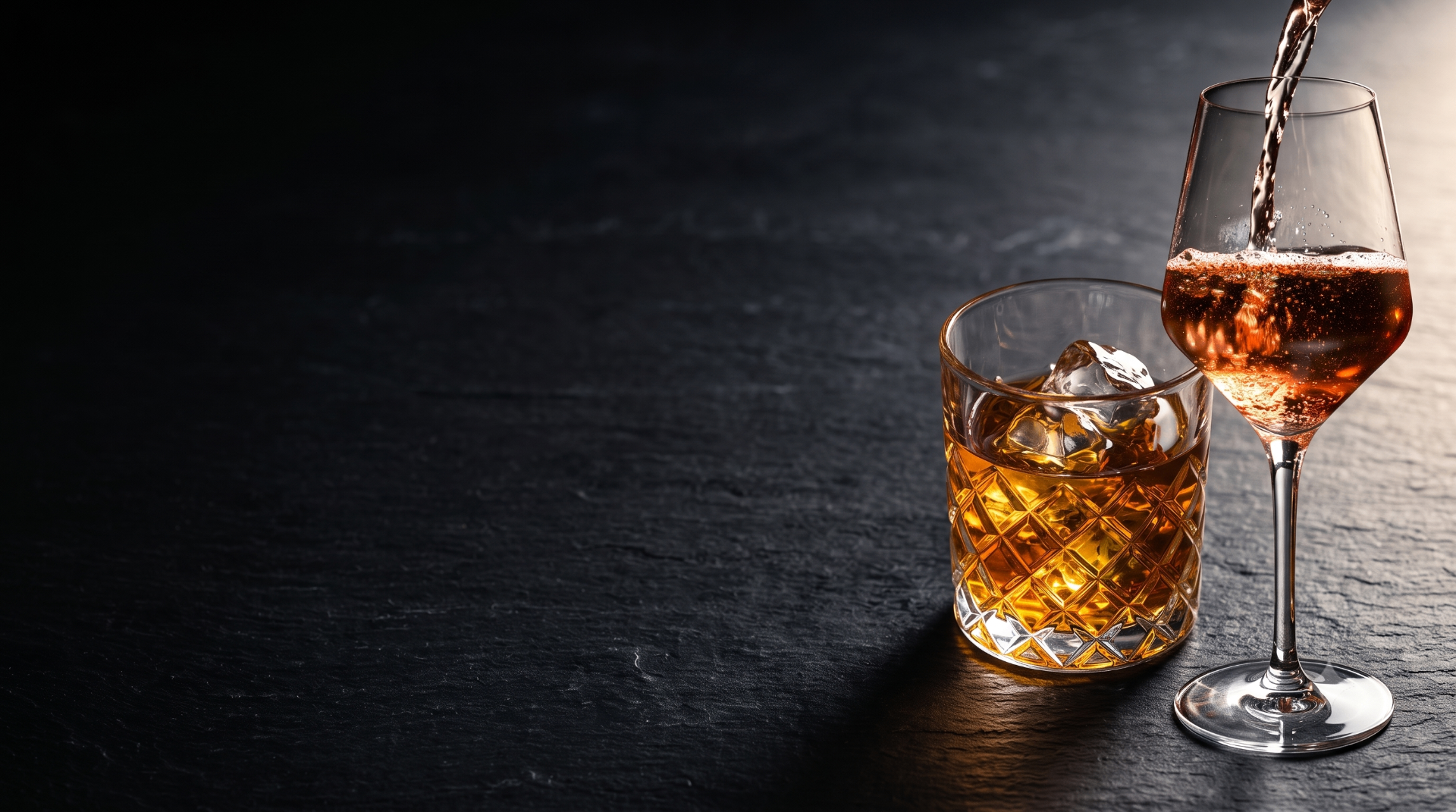 Pahar de whisky și pahar de vin pe fundal întunecat